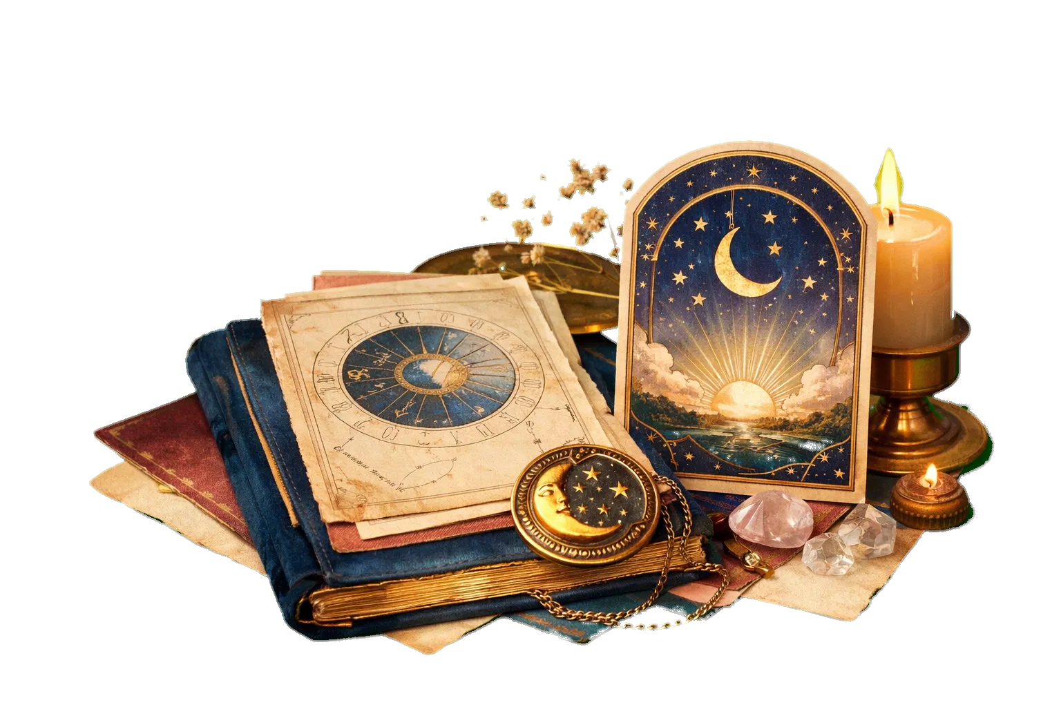 Luxury celestial journal vignette with candlelight and gilded details